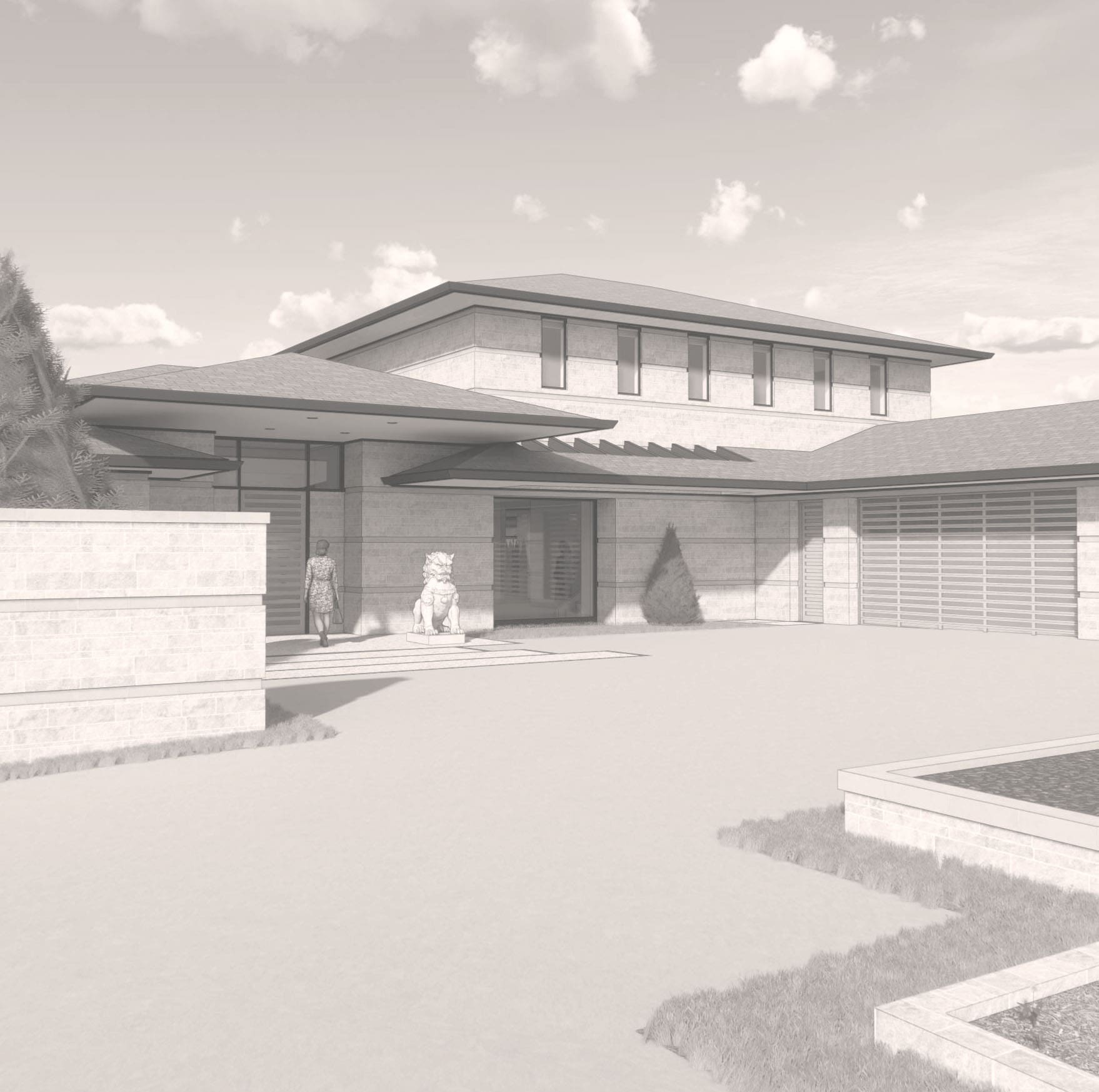 A black and white rendering of the front entrance to a house.